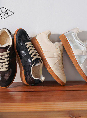 VCA加绒款德训鞋女鞋真皮新款轻便平底鞋秋冬软底休闲牛皮运动鞋