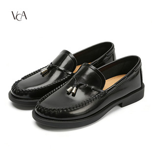 VCA（女鞋）复古亮面流苏乐福鞋女英伦风小皮鞋真皮粗跟通勒单鞋