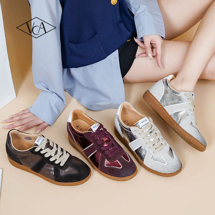 内增高5cm~VCA牛皮德训鞋女平底鞋真皮休闲鞋软底不累脚鞋子板鞋