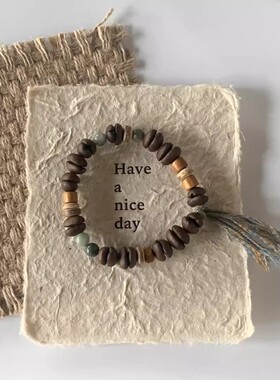 新中式手工天然（真）咖啡豆天然石百香籽檀木椰片拼接咖啡豆手串