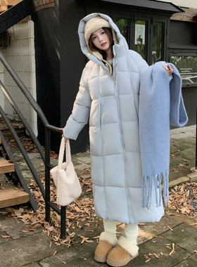 实拍张贝贝情侣方格纯色连帽长款羽绒连帽棉服外贸棉衣宽松外套