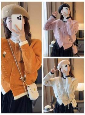 小香风设计感刺绣小花朵简约长袖女毛衣外套新款圆领简约百搭高级