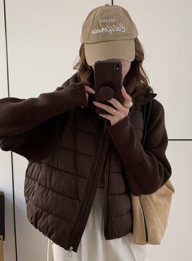 实拍轻薄针织毛衣袖拼接羽绒棉服女短款假两件2025冬季新百搭外套