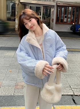 实拍美式复古条纹两面穿羊羔绒棉服2025冬季新款女宽松加厚外套