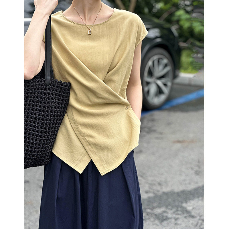 bleu2026新款夏季上衣休闲别致不规则短袖交叉背心衬衫女法式气质