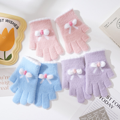 儿童手套可爱蝴蝶结冬季保暖二指户外运动写字女童学生防风手套