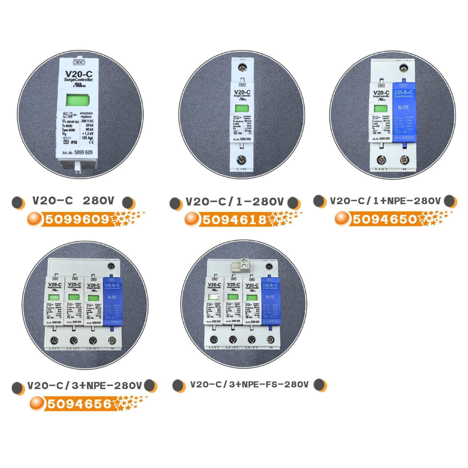 OBO电涌防雷器V20-C/3+NPE-FS-280V原装避雷器电源2级浪涌保护器