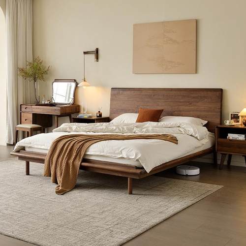 现代简约黑胡桃木全实木床意式轻奢极简原木家用卧室婚床双人床