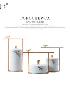 美式新中式青绿色春意蜻蜓小鸟铁艺陶瓷装饰品酒店玄关博古架摆件