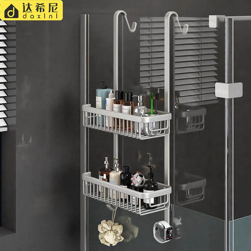 太空铝浴室置物架玻璃门挂架双层收纳挂篮免打孔卫生间悬挂收纳架