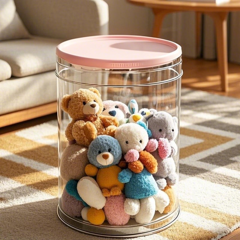 家用客厅娃娃透明亚克力圆柱筒毛绒玩具收纳筐儿童玩偶整理收纳桶