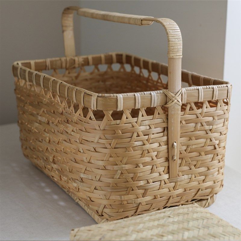 手工手作竹工艺竹编制品收纳筐筐C大号提篮蔬菜蓝家居收纳双层编