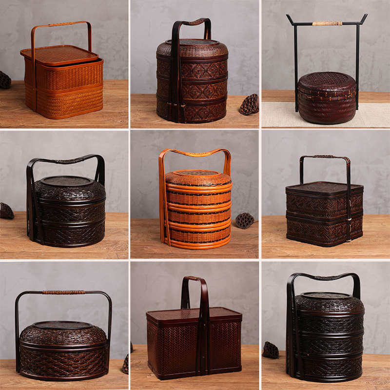 竹编制品老式食盒多层手提竹编带盖提篮子中式复古古代双层提盒,特色手工艺,竹编/竹雕,淘宝优惠券,粉丝福利购,淘宝优惠卷