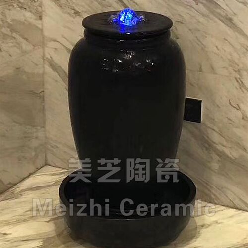 乔迁新居黑色流水生财摆件水景喷泉陶罐造K景喷水花瓶加湿器冒水