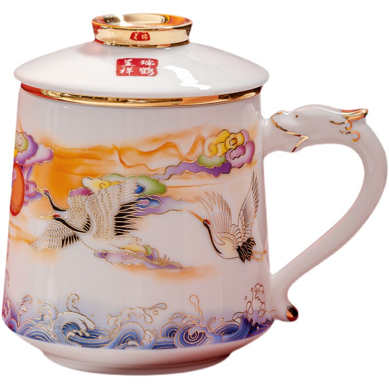 过滤带盖子会议玉瓷杯杯茶杯办公中E式陶瓷描金喝茶主人杯泡茶羊