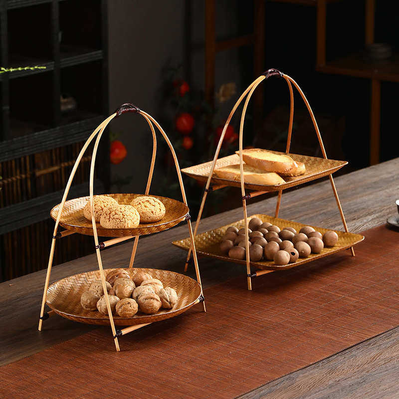 竹编复古双层果盘手提篮干果盘茶点心盘多层水果盘可拆卸中式果碟
