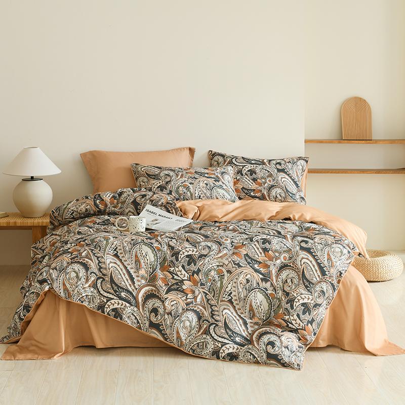 ALICE'S100%全棉美式咖色轻奢纽扣款复古风四件套床上用品