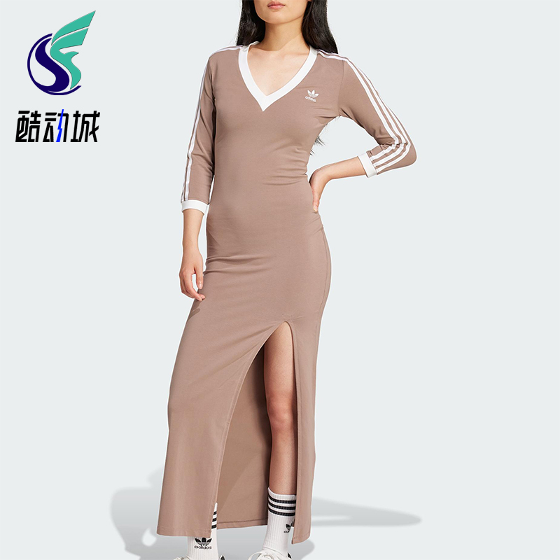 Adidas/阿迪达斯正品三叶草女裙经典长款侧开叉V领连身裙JX5193