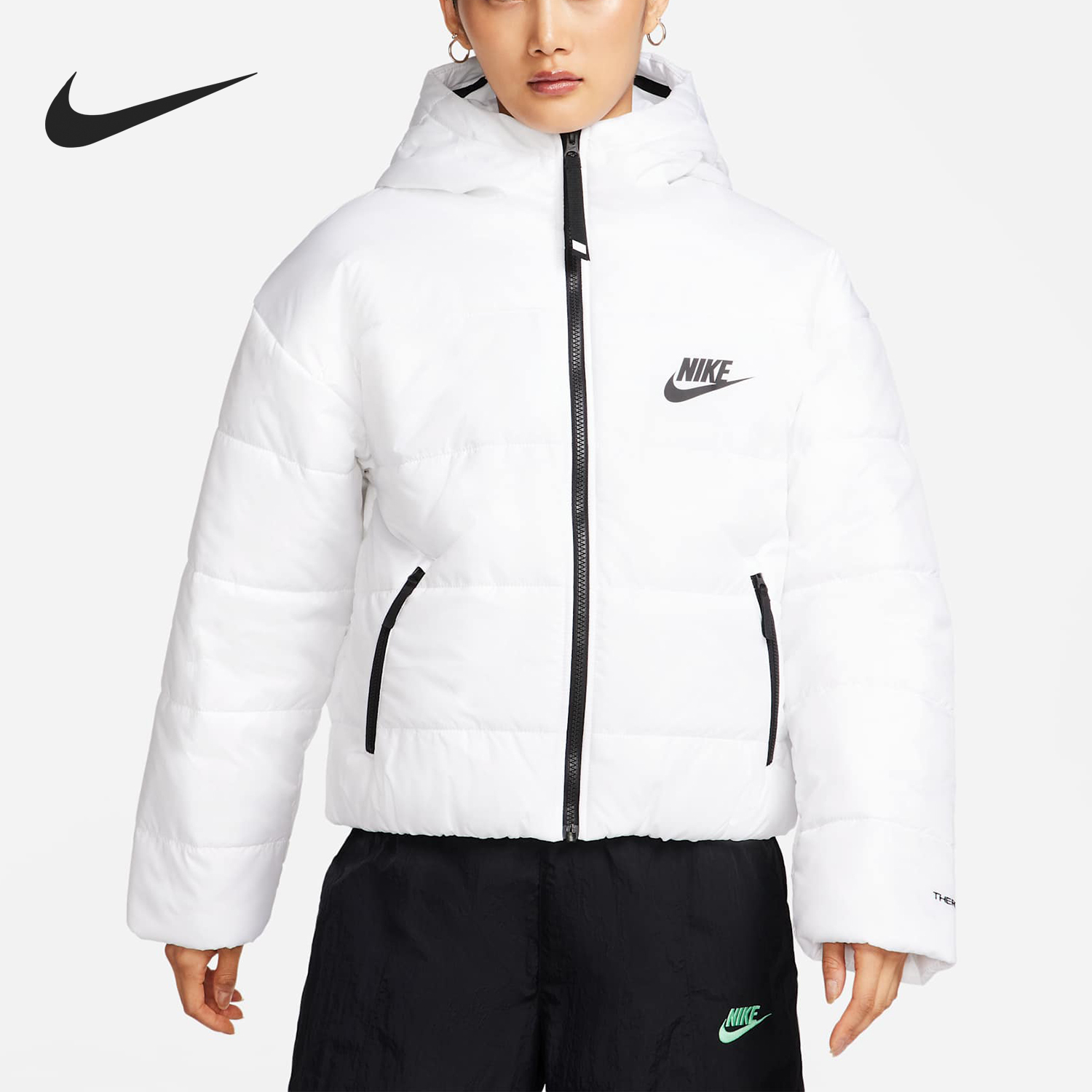 Nike/耐克正品秋冬新款女士简约短款拉链连帽棉服DJ6996-100
