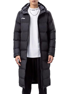 李宁正品2024冬季新款男子长款过膝保暖防风运动连帽棉服YFMT005