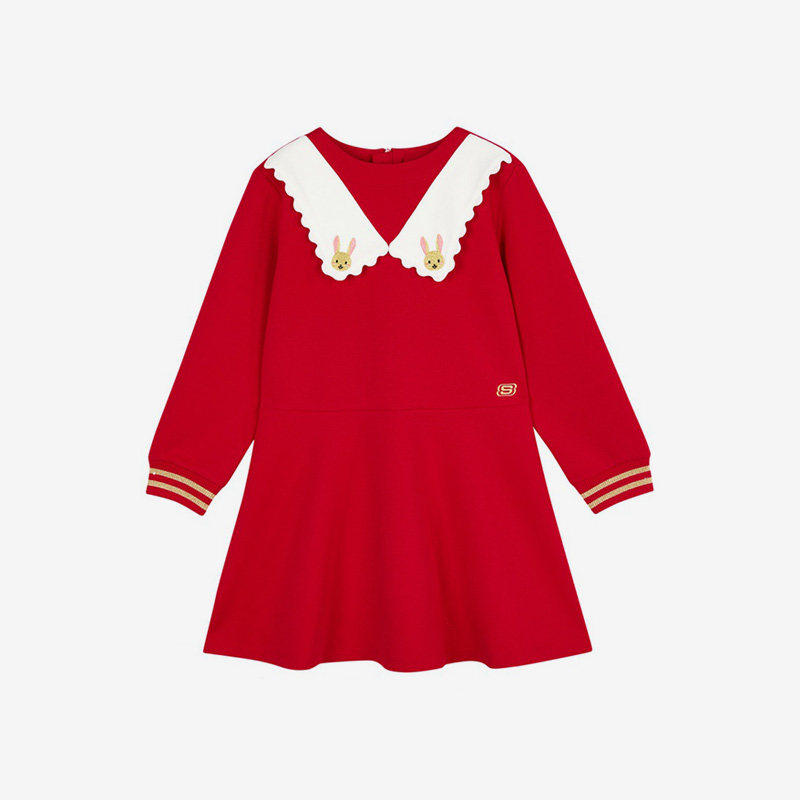 Skechers/斯凯奇正品2023年新款女童简约休闲针织长袖连衣裙