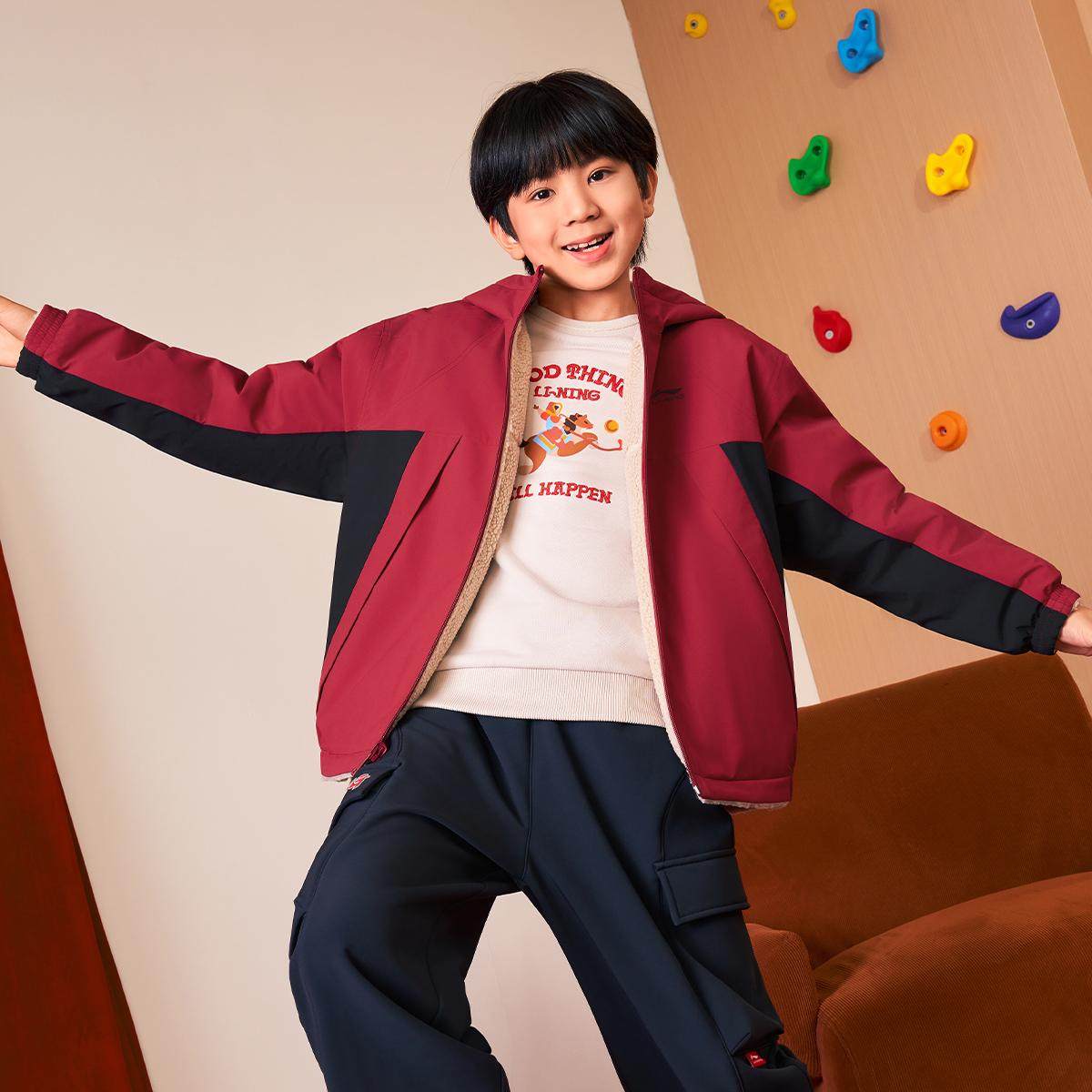 李宁正品运动生活系列男女小大童宽松加绒保暖夹克外套YFDW073