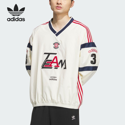Adidas/阿迪达斯正品三叶草男士拼接宽松梭织V领长袖套头衫KC0112