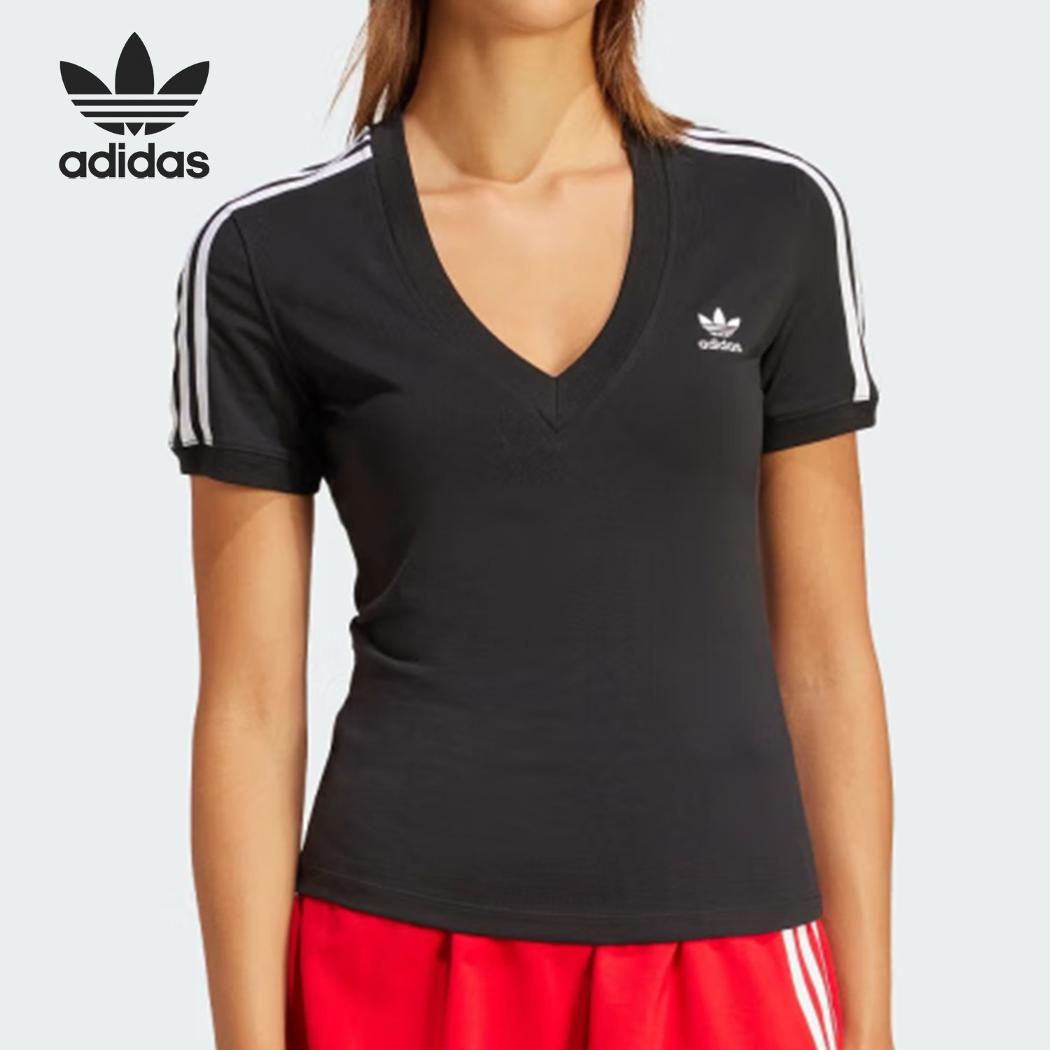Adidas/阿迪达斯正品三叶草女士V领修身简约短袖T恤IU2416 - 实物图