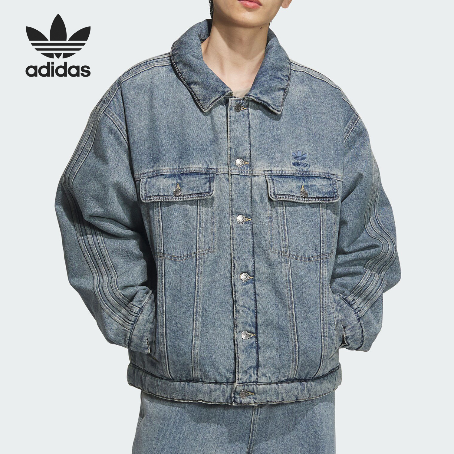 Adidas/阿迪达斯正品三叶草男士保暖牛仔翻领运动棉服JY0202