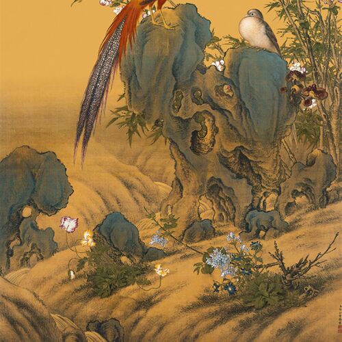 清 郎世宁 锦i春图仿古名画复制客厅书房玄关装饰画花鸟画卷轴挂