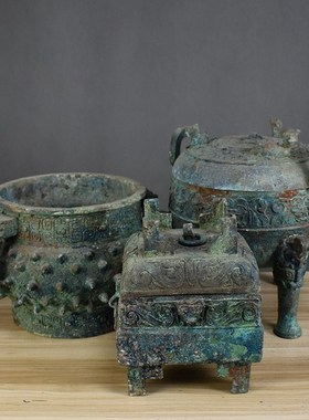 中国仿古青铜器i三足汉代青铜鼎古食器博古架收藏摆件皮壳包浆古