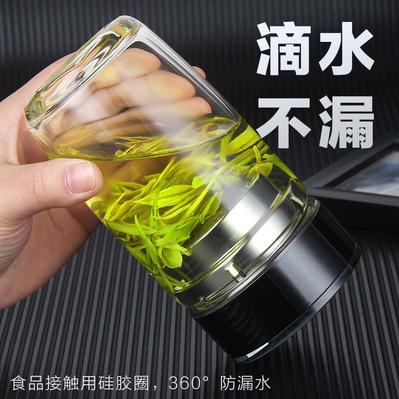 矮胖鹅蛋杯单层玻璃杯男士女加厚便携带过滤网大容V量水杯子大肚