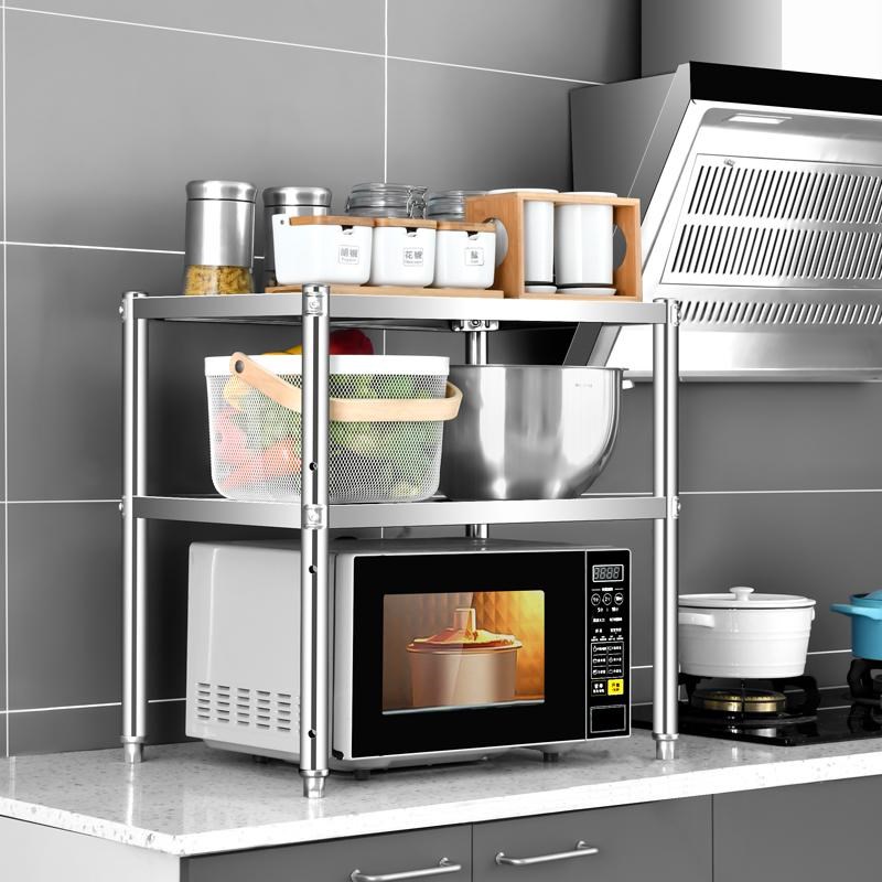 厨房不锈钢置物架台面p两层微波炉烤箱收纳架桌面碗盘调料储物货