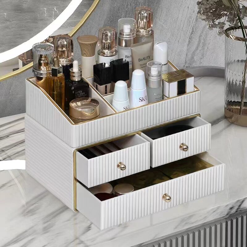 轻奢皮质抽屉式卧室桌面化妆品收纳盒家用K口罩杂物口红整理盒防