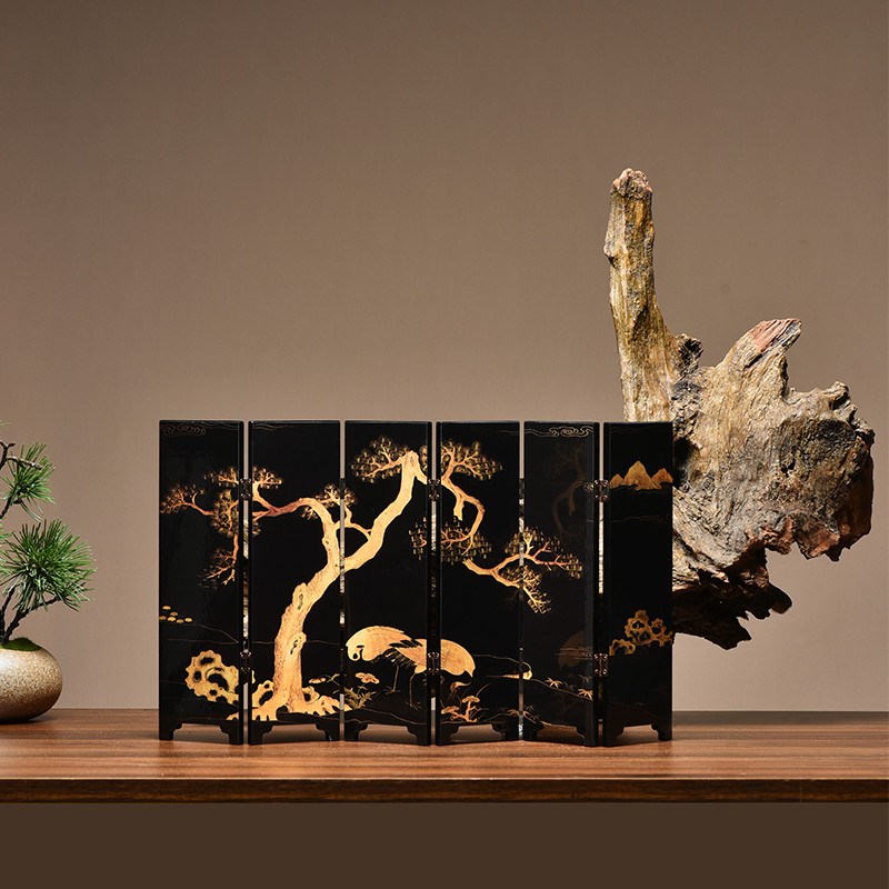 茶空间文创双面小屏风摆件仿古复古茶台漆M器摆件茶道配件礼盒装