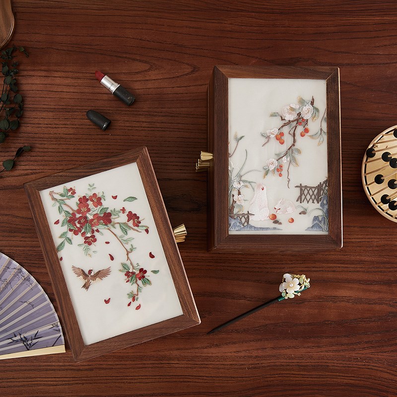 黑胡桃实木刺绣首饰收纳盒高档精致D中式珠宝戒指盒订婚礼物饰品