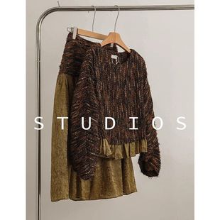 美拉德穿搭小香风棕色mIu系毛衣半身裙套装两件套冬装搭配一整套