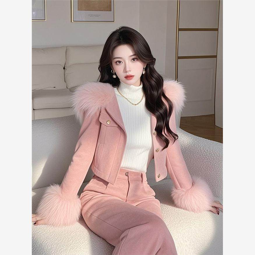洋气欧货潮时髦名媛小香风高级感粉色麂皮外套长裤两件套装女冬季,女装/女士精品,时尚套装,淘宝优惠券,粉丝福利购,淘宝优惠卷