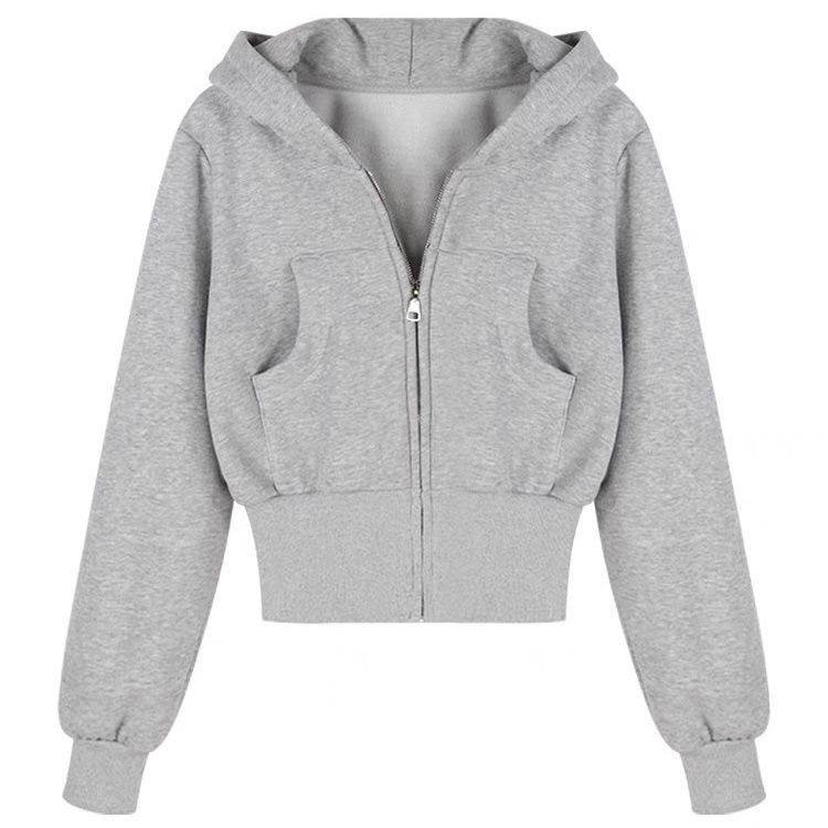 美式复古灰色连帽卫衣外套女秋季加绒加厚小个子短款收腰开衫上衣
