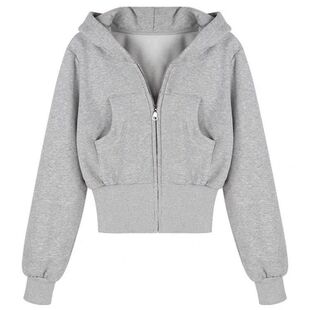 美式复古灰色连帽卫衣外套女秋季加绒加厚小个子短款收腰开衫上衣