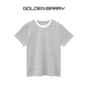 GOLDEN BARRY26早春休闲日常黑白条纹圆领修身短袖T恤上衣201026