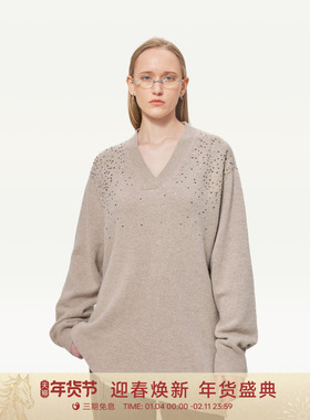【100山羊绒】GOLDEN BARRY25秋冬亮片V领宽松羊绒针织衫243141