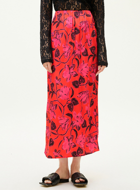 GOLDEN BARRY经典设计感百搭气质缎面印花半裙310155