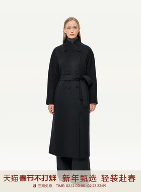 GOLDEN BARRY25秋新款高智气质立领系带黑色长款山羊绒大衣140074