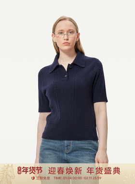 GOLDEN BARRY25秋冬镂空提花polo领高质感极简风短袖羊绒衫243115