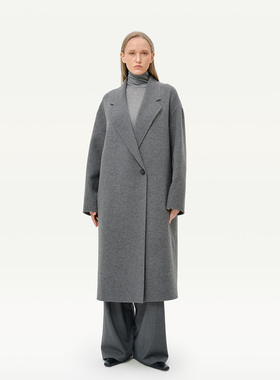 GOLDEN BARRY25秋冬100绵羊毛气质平驳领长款双面灰色大衣142103