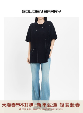 GOLDEN BARRY金和百瑞女装黑色百搭水洗怀旧风钉钻短袖T恤201910