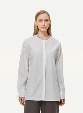 GOLDEN BARRY25秋新款法式100棉优雅玉兰花白色刺绣衬衫212674