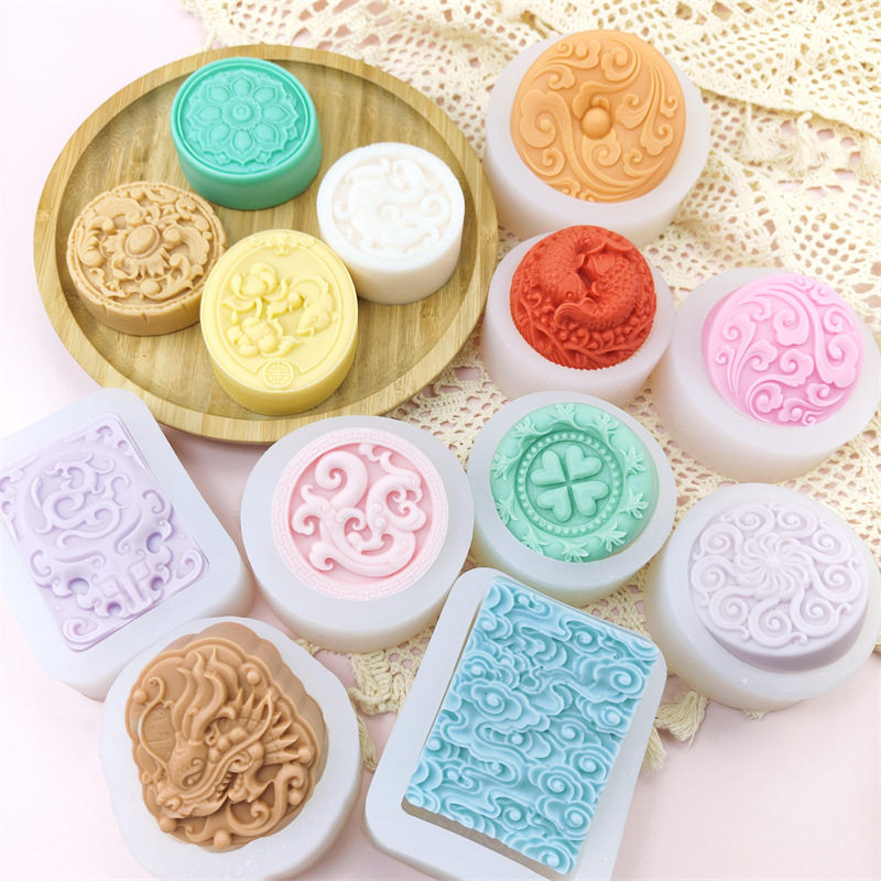 创意圆形龙凤祥云手工皂硅胶模具月饼甜品蛋糕装饰模滴胶树脂工具