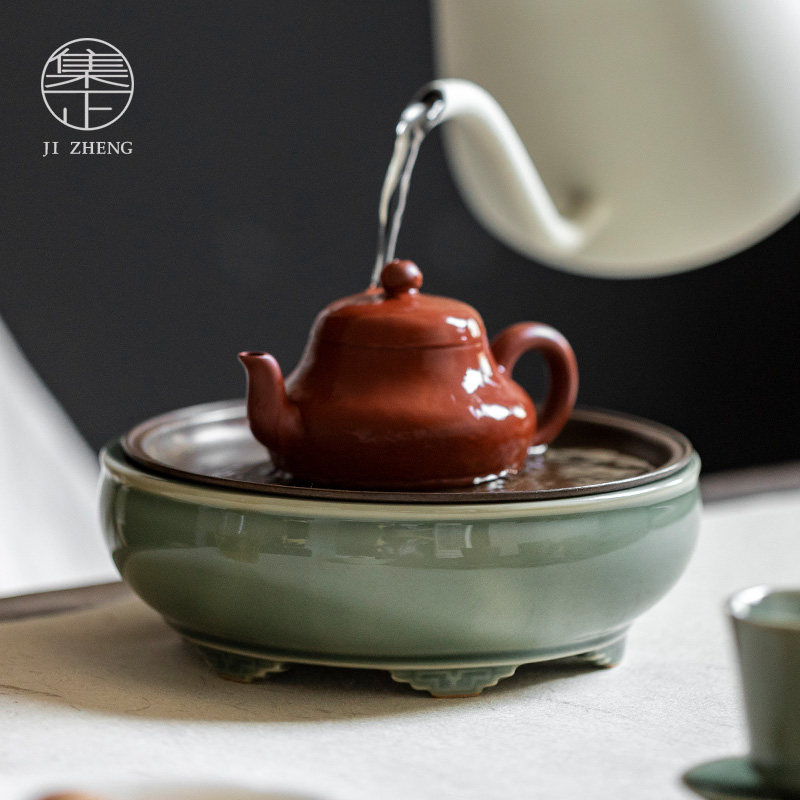 速发集正 越窑青瓷六鼎壶承 日式铜盖可蓄水干泡小茶台淋壶茶壶养